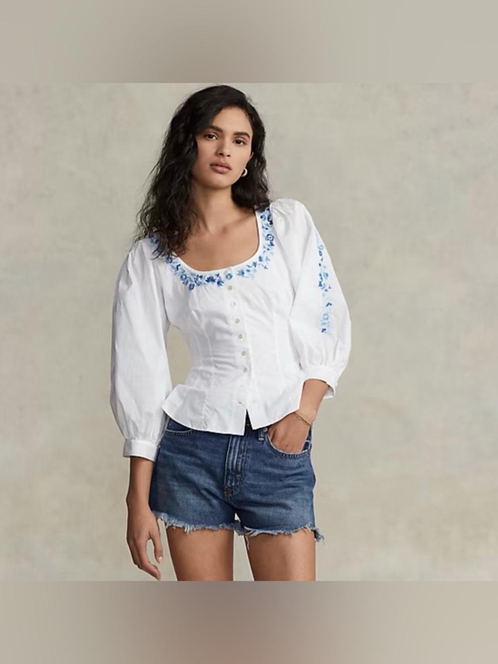 Polo by Ralph Lauren Floral Embroidered Corset Button Down Top in White & Blue